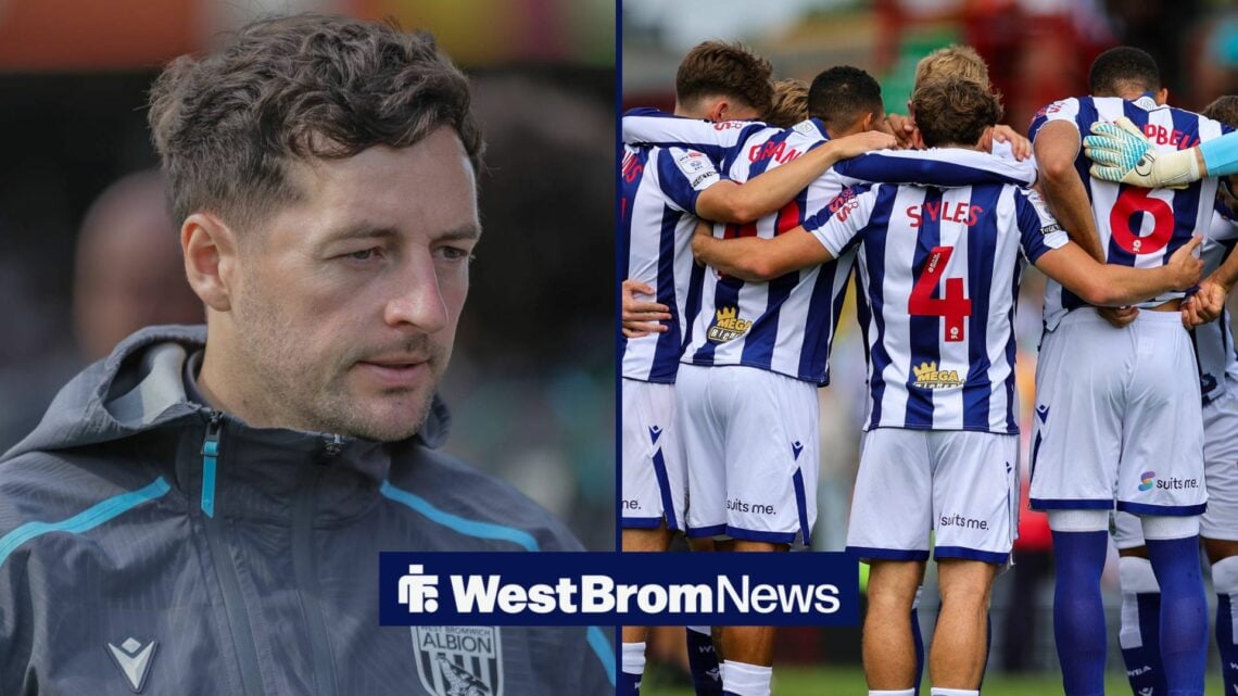 Ryan Mason in West Brom training gear on the left. On the right is the Baggies squad huddling together ahead of a Championship fixture.