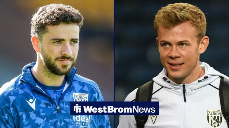 West Brom's Mikey Johnston and Aune Heggebo looking at one another.