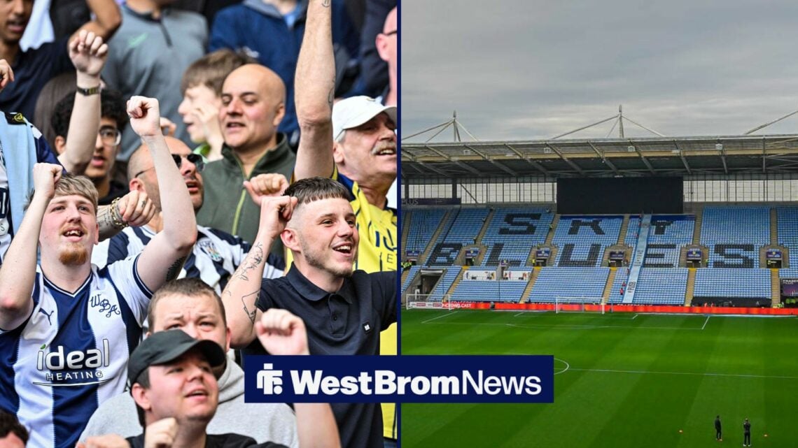 West Brom fans sing at a game at The Hawthorns. To the left is a picture of Coventry City's CBS Arena.