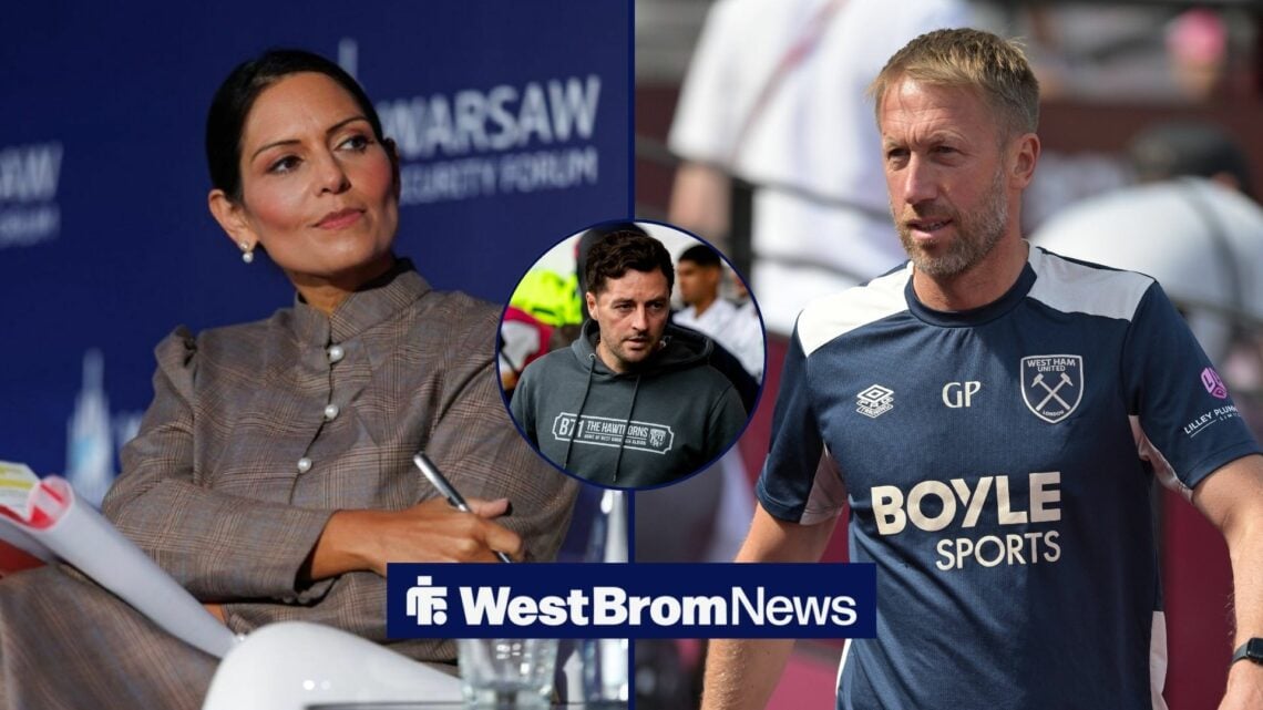 Shadow foreign secretary Priti Patel looks to her right, towards a picture of ex-West Ham manager Graham Potter. In the middle is a circle with Wes...