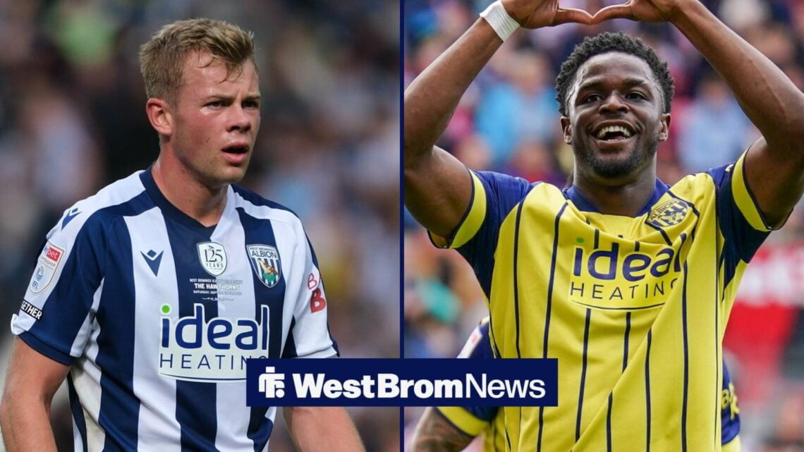 A split image as West Brom striker Aune Heggebo stares across at Josh Maja, who celebrates a goal in the right half of the image.