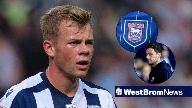 Aune Heggebo looking miffed, West Brom boss Ryan Mason and Ipswich Town badge in inset.