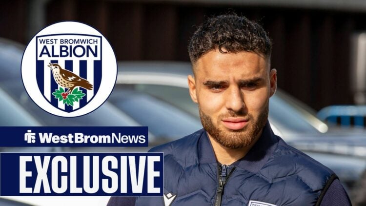 Tammer Bany looking concerned and West Brom badge in circular inset