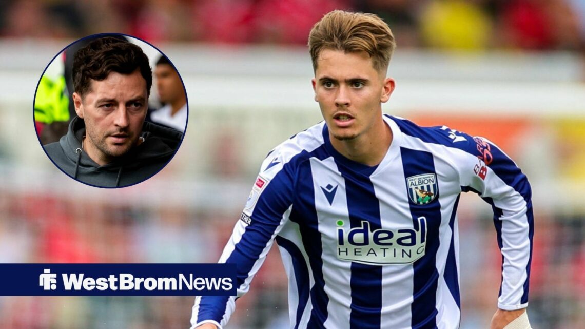 West Brom star Isaac Price in action during a game as manager Ryan Mason scowls at him from a circular inset.