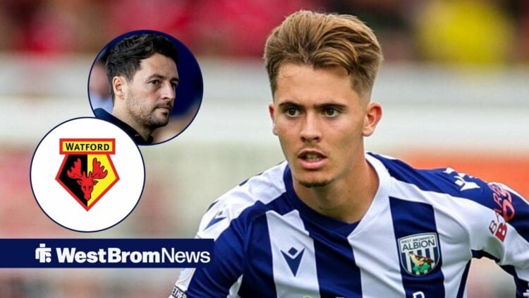 West Brom star Isaac Price, Ryan Mason looking angry and Watford badge in insets.