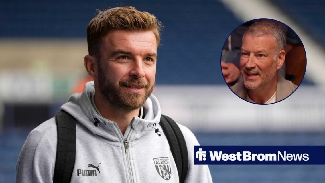 West Brom coach James Morrison arrives at a game wearing a hoodie and a backpack, as former referee Mark Clattenburg smiles in a circular inset.