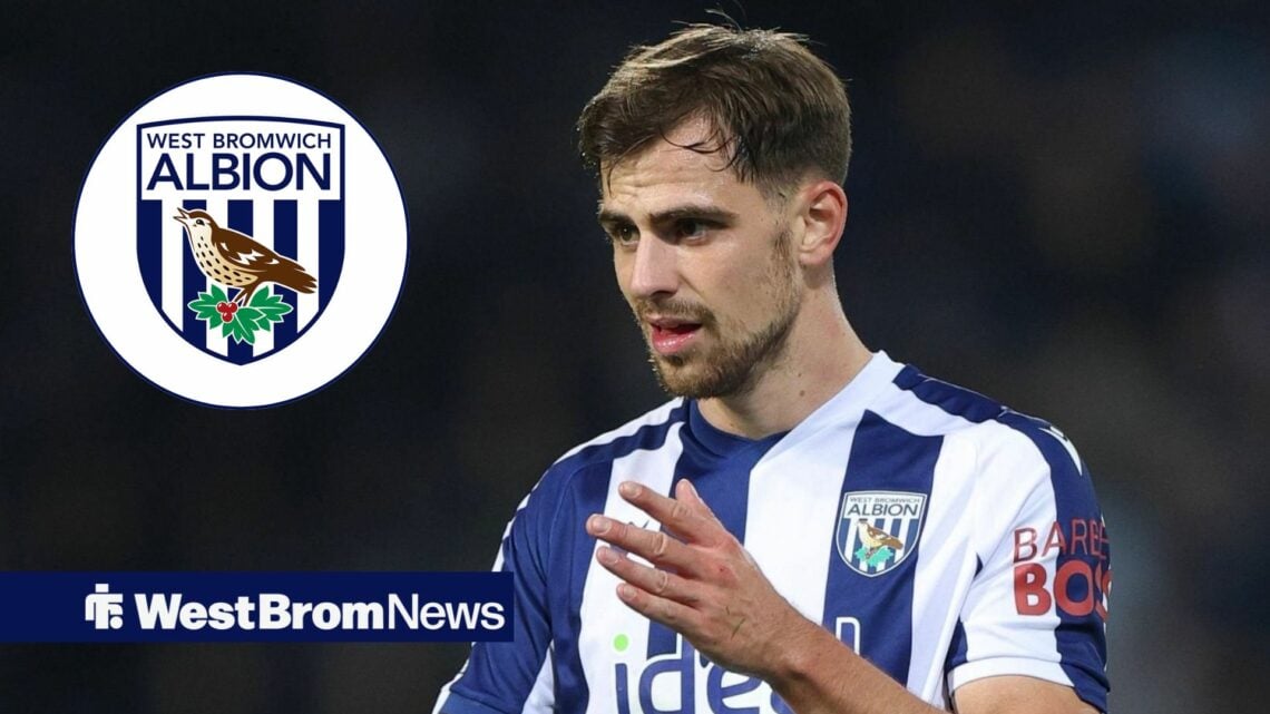 West Brom midfielder Jayson Molumby raises his hand during a game, as the club badge features in a circular inset.