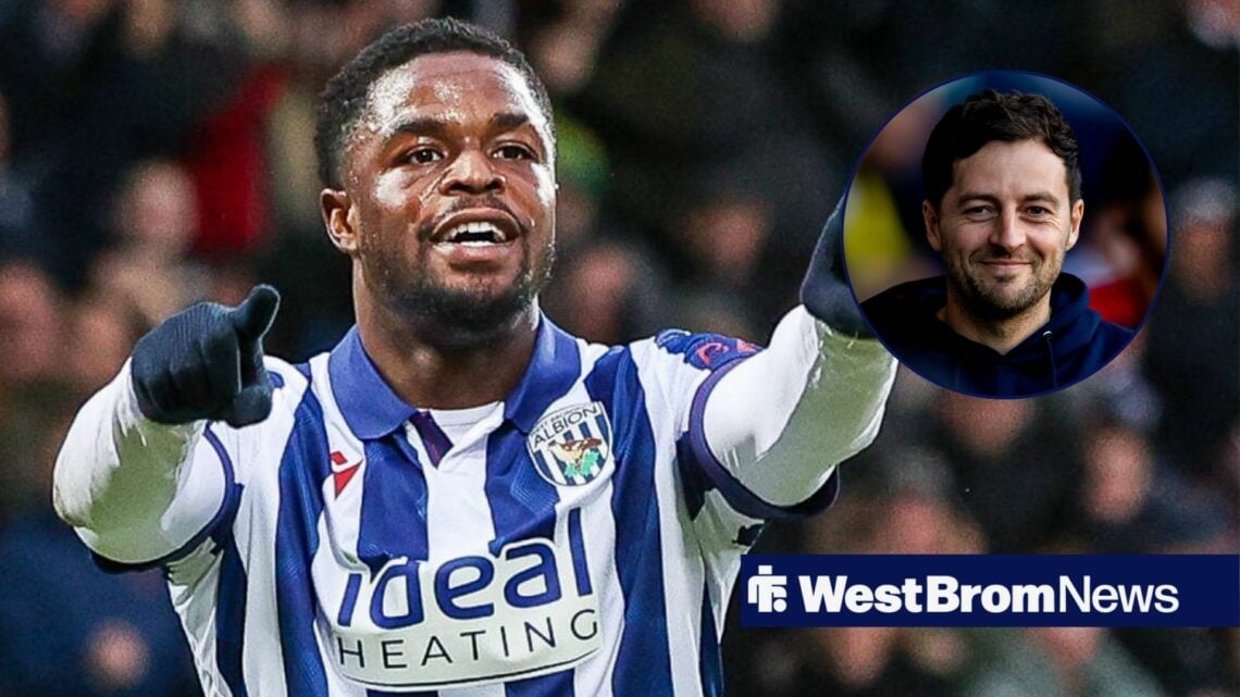 West Brom striker Josh Maja celebrates by pointing in the direction of a circular inset, where manager Ryan Mason smiles back at him.