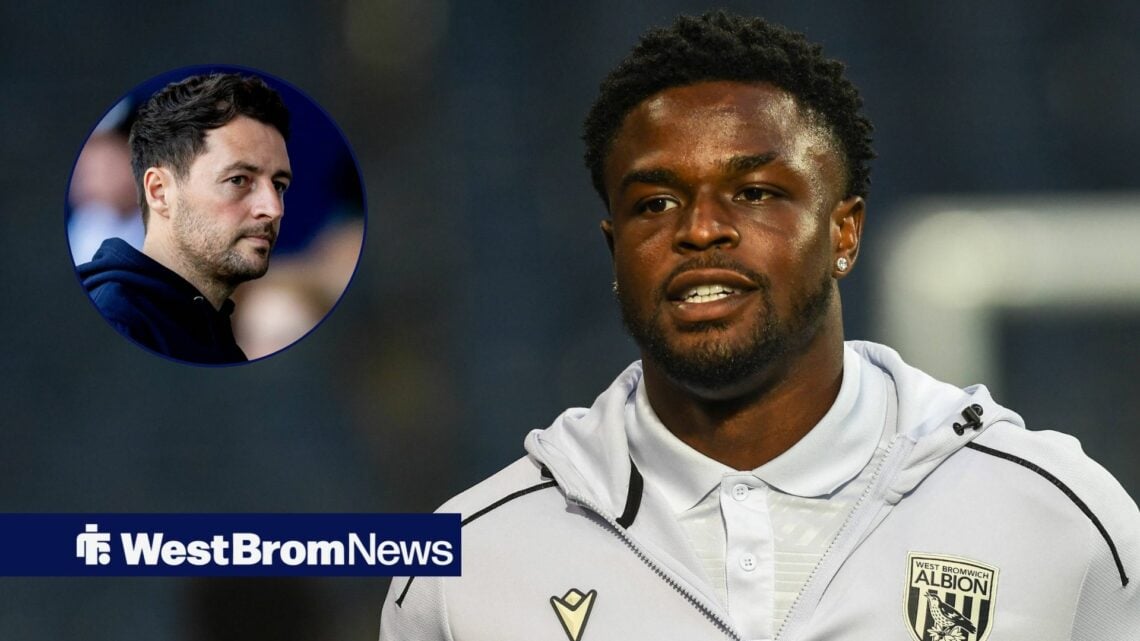 West Brom striker Josh Maja stares towards a circular inset, where manager Ryan Mason meets his gaze.