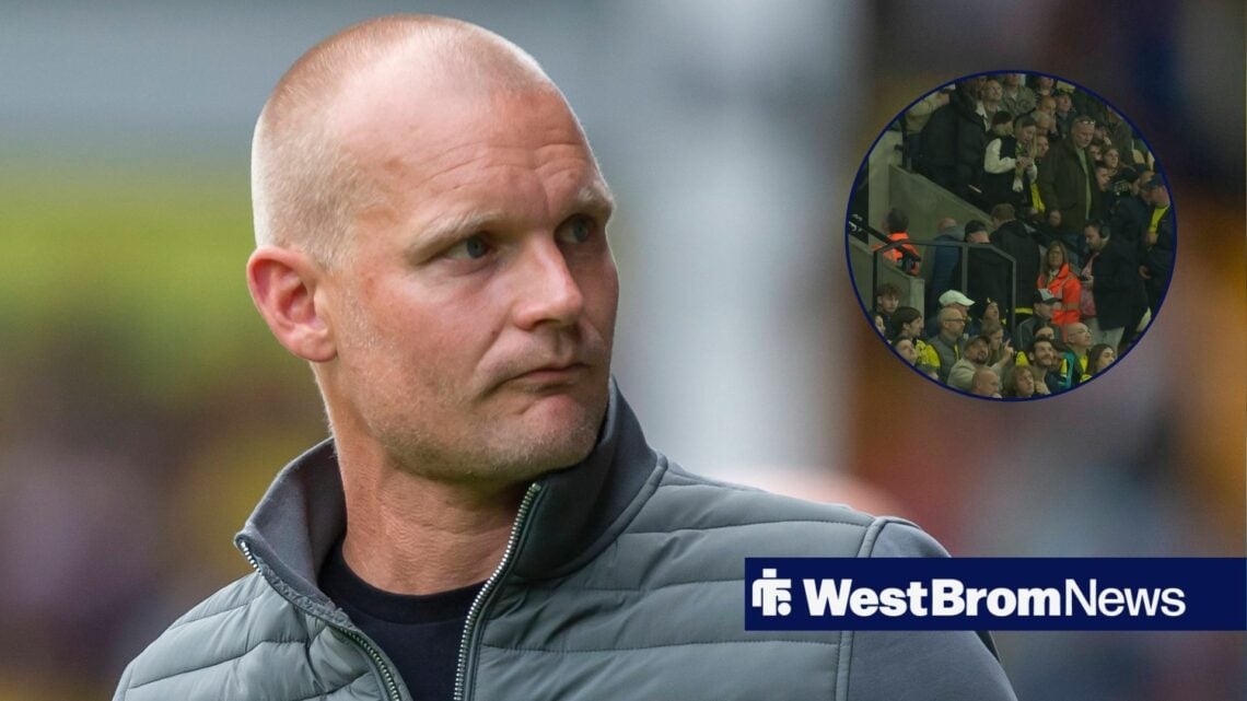Norwich City manager Liam Manning stares across at a circular inset, which features Norwich fans heading for the exit after a defeat to West Brom.
