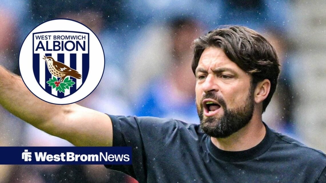 Russell Martin angry on the sidelines and West Brom logo in circular inset