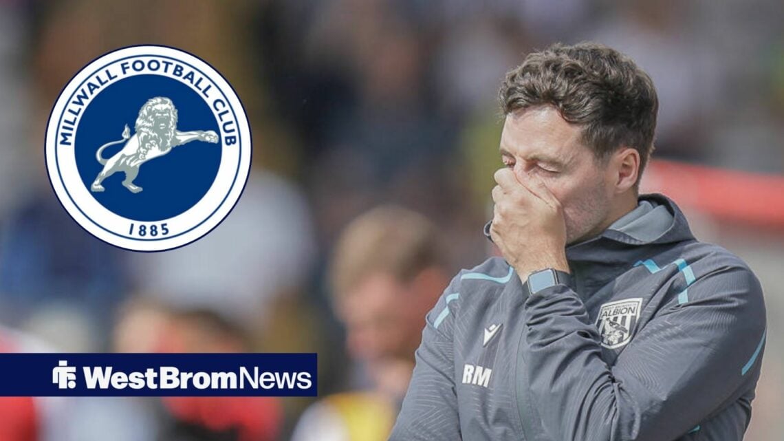 Ryan Mason with his hand to his face with Millwall badge in circular inset