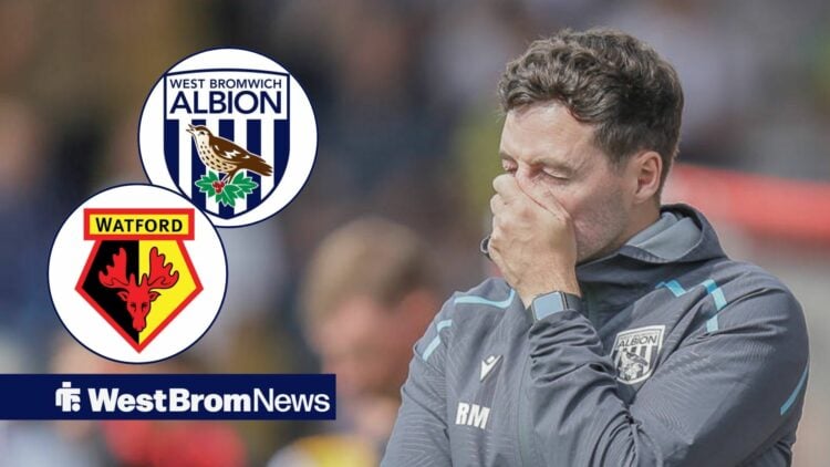 West Brom boss Ryan Mason looks worried and Albion and Watford badges in circular insets