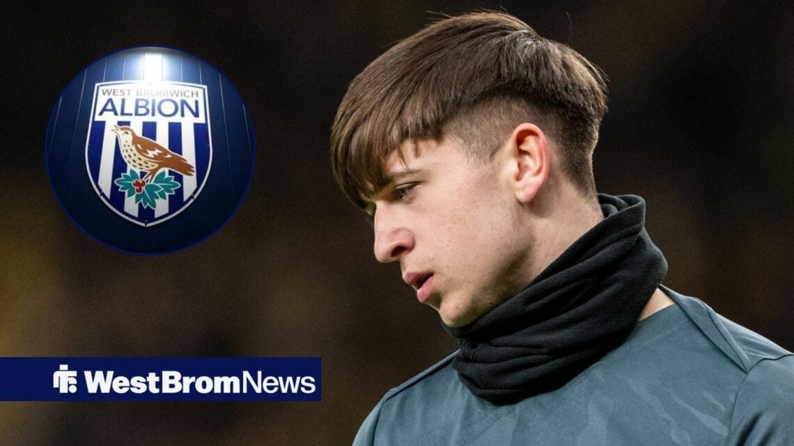 Tottenham youngster Mikey Moore stares at the ground while warming up for a game, as the West Brom badge features in a circular inset.