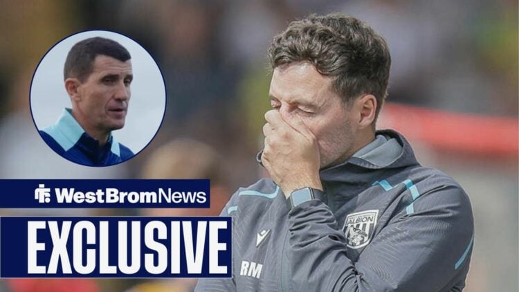 West Brom boss Ryan Mason looking worried, Javi Gracia angry in inset.