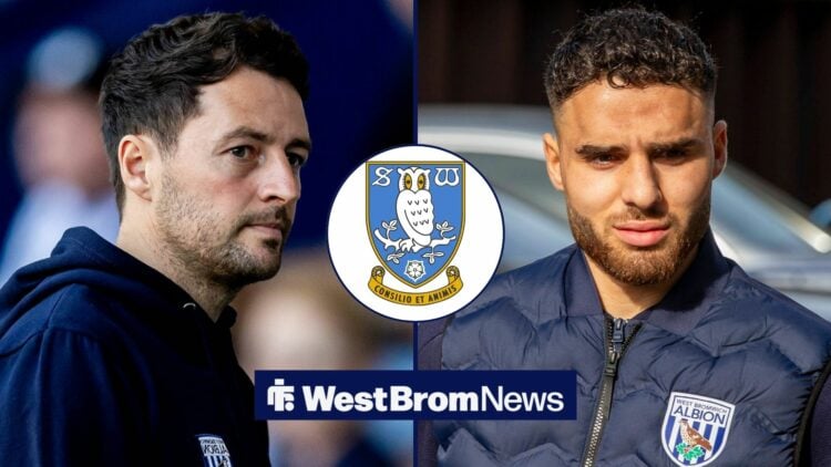 West Brom boss Ryan Mason and star Tammer Bany, Sheffield Wednesday badge in inset.