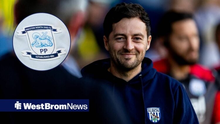 West Brom boss Ryan Mason smiling, Preston badge in inset.