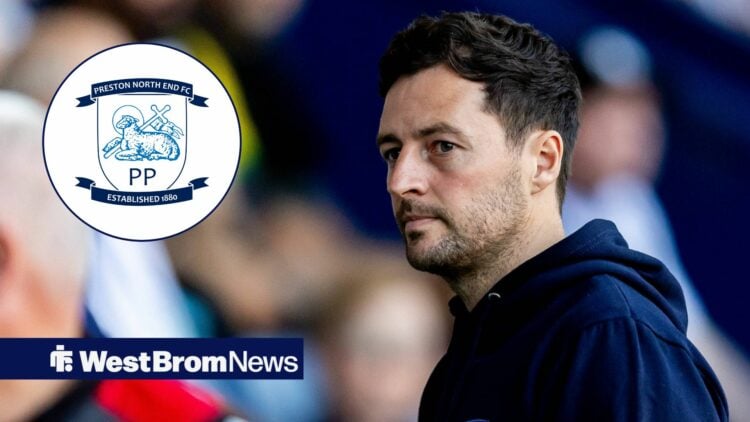 West Brom boss Ryan Mason looking concerned, Preston badge in inset.