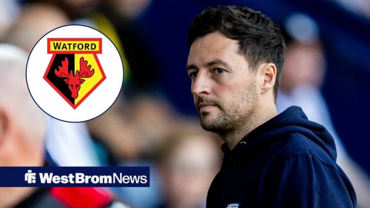 West Brom boss Ryan Mason looking miserable, Watford badge in inset.