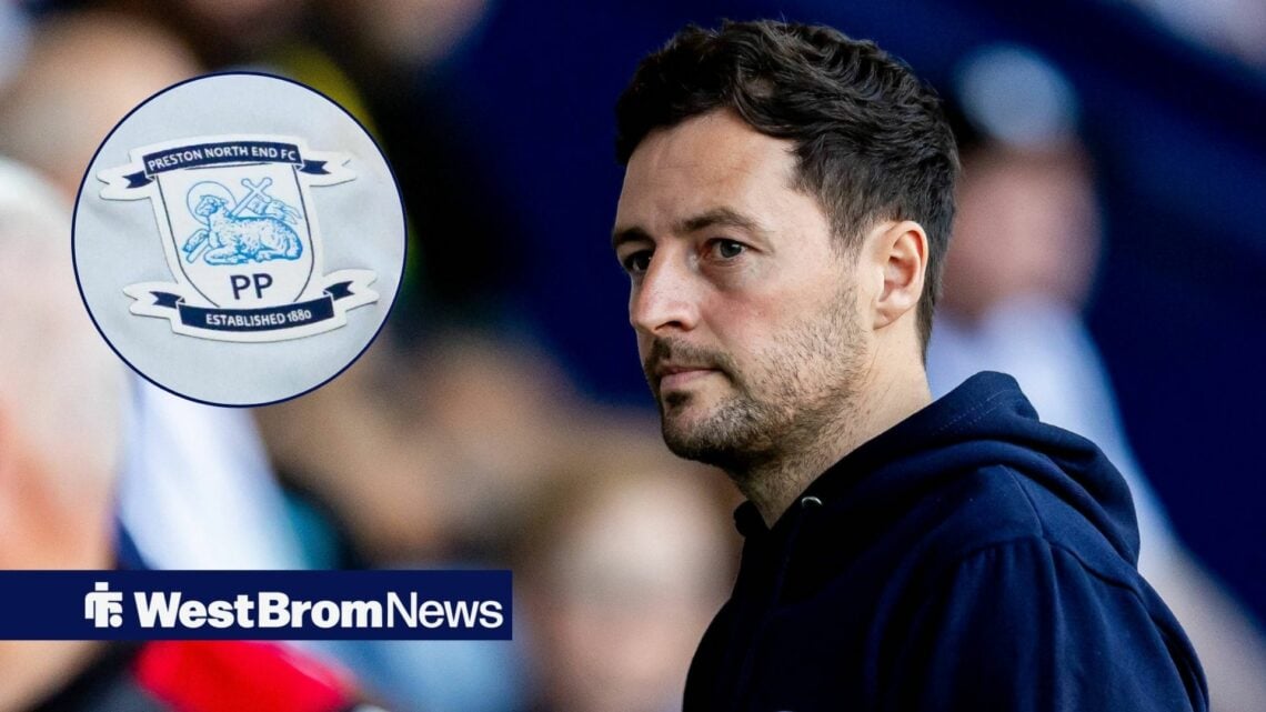 West Brom boss Ryan Mason, Preston badge in inset.