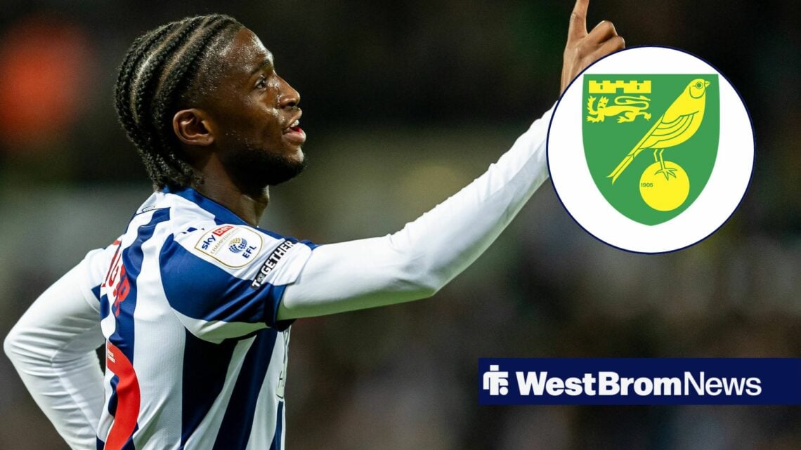 Samuel Iling-Junior celebrates a goal for West Brom, as the Norwich City badge features in a circular inset.