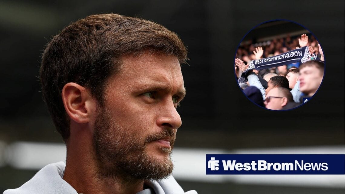 John Swift looking focused before a game and West Brom fans in circular inset