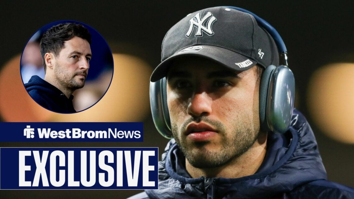 West Brom News exclusive as Tammer Bany stands wearing a cap and headphones as manager Ryan Mason watches on from a circular inset.