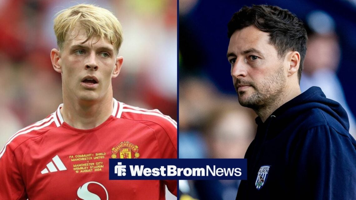 A split image as Toby Collyer is in action for Manchester United on the left, as West Brom manager Ryan Mason watches on the right.