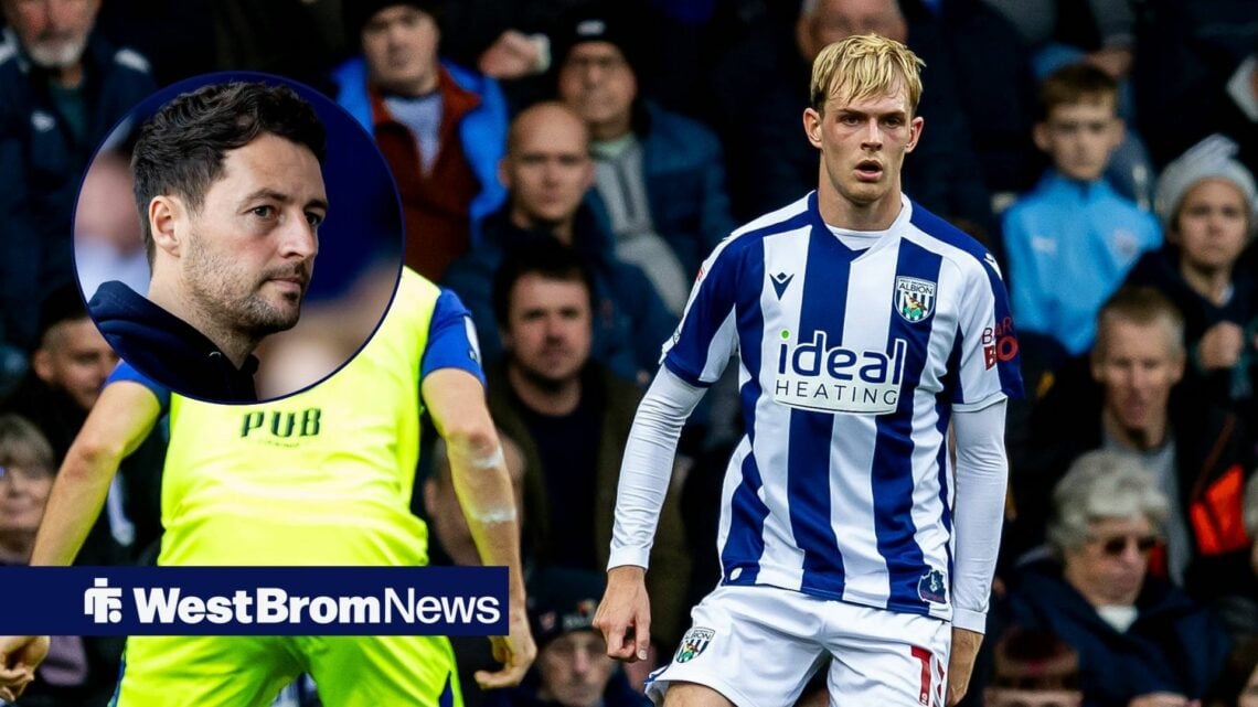 Toby Collyer in action for West Brom, Ryan Mason looking angry in inset.