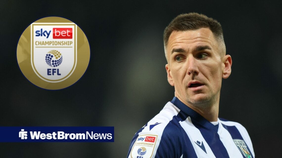 Jed Wallace in action for West Brom and Championship badge in circular inset