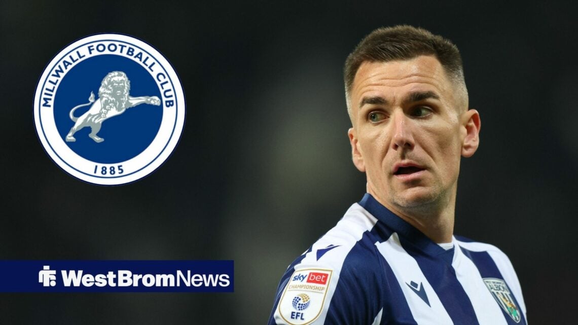Jed Wallace in action for West Brom and Millwall badge in circular inset