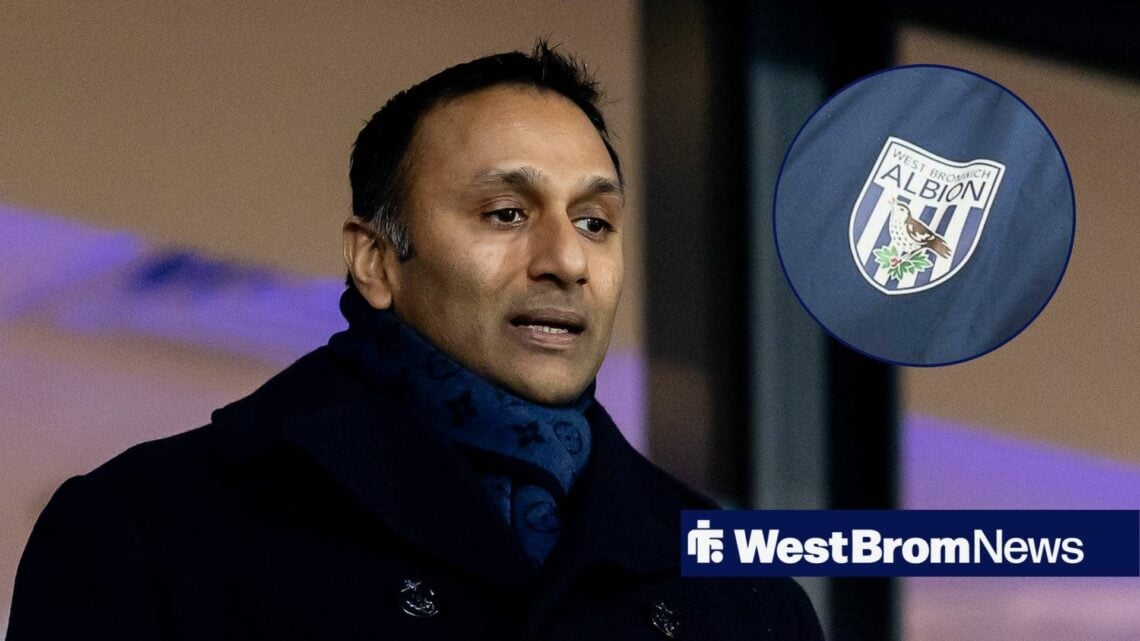 West Brom chairman Shilen Patel and West Brom badge in circular inset