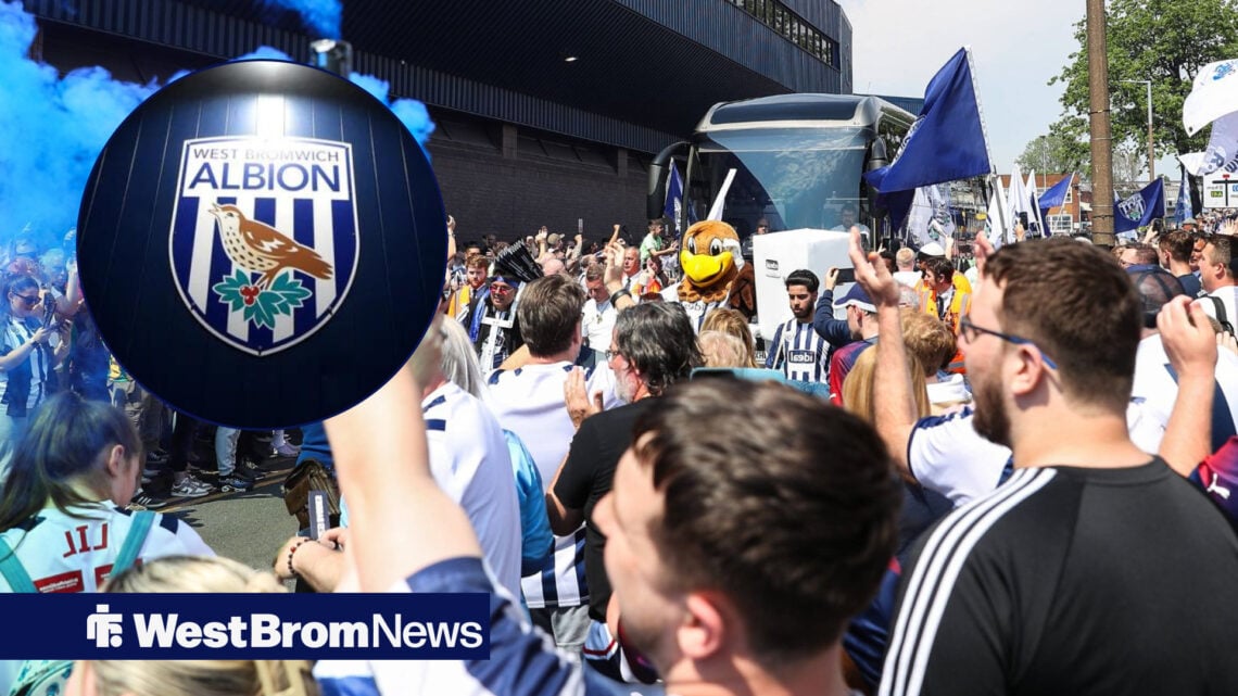 West Brom fans welcome the team bus at The Hawthorns, as the club badge is illuminated in a circular inset.