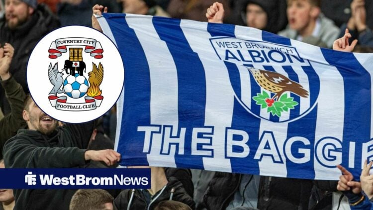 West Brom supporters holding a flag, Coventry badge in inset.