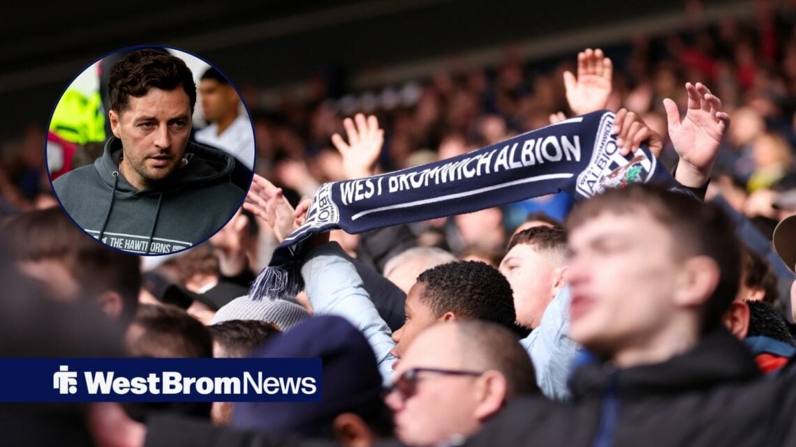 West Brom fans hold a club scarf aloft, as manager Ryan Mason scowls in a circular inset.