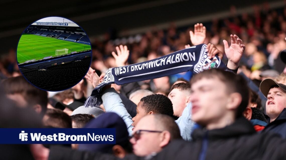 West Brom fans hold a club scarf aloft in the stands as The Hawthorns features in a circular inset.