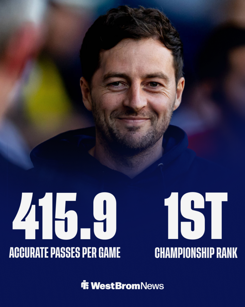 Ryan Mason smiles as a stat shows West Brom lead the Championship for accurate passes per game.