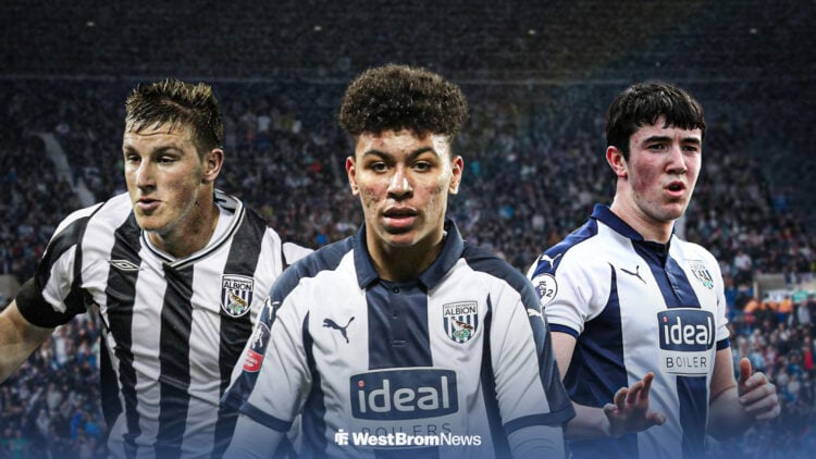 Chris Wood, Morgan Rogers and Finn Azaz in West Brom kits from their time at the club.