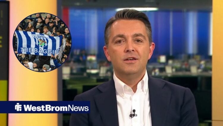 Julian Warren presenting on Sky Sports, with West Brom fans in a circular frame inset