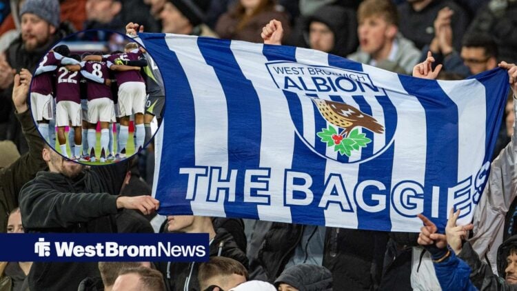 West Brom fans unfurl flag with Aston Villa players huddle inset