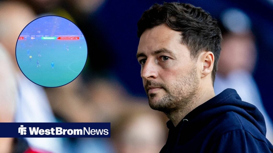 Ryan Mason looking left with foggy Coventry vs West Brom clash in circular inset