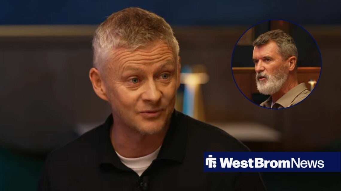 Ole Gunnar Solskjaer looks towards a circular frame of Roy Keane