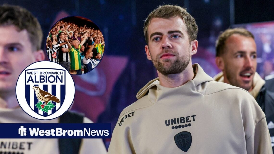 Patrick Bamford looking at the West Brom fans and the West Brom badge.