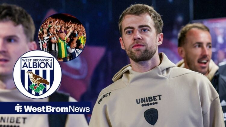 Patrick Bamford looking at the West Brom fans and the West Brom badge.