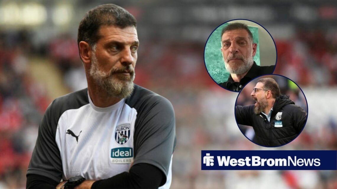 Slaven Bilic in West Brom gear looking towards two circle insets of Slaven Bilic