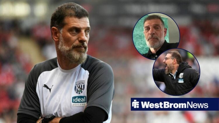 Slaven Bilic in West Brom gear looking towards two circle insets of Slaven Bilic