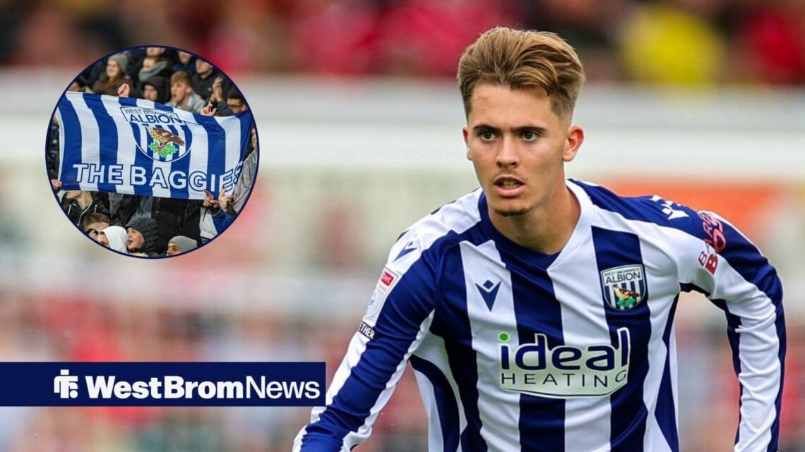 Isaac Price alongside a circle inset of West Brom fans.