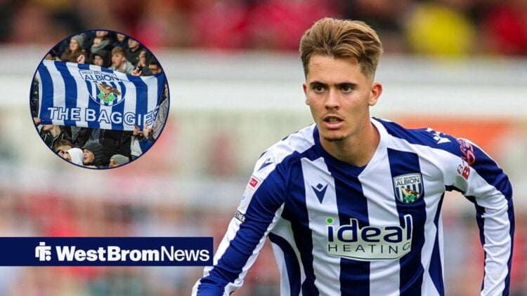 Isaac Price alongside a circle inset of West Brom fans.