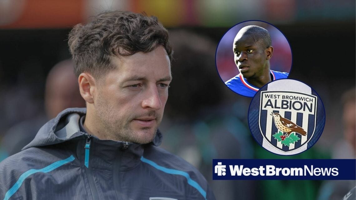 Ryan Mason looking at N'Golo Kante and West Brom badge.