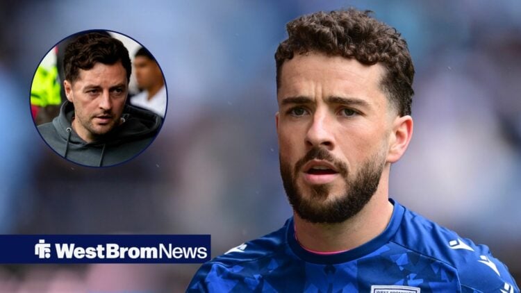 Mikey Johnston looking annoyed in West Brom training looking towards Ryan Mason in a circle inset